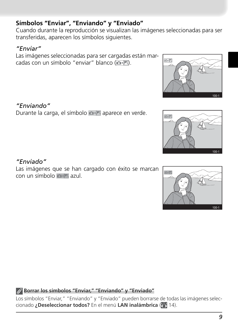 Símbolos “enviar”, “enviando” y “enviado, Enviar, Enviando | Enviado | Nikon WT-1 User Manual | Page 106 / 137
