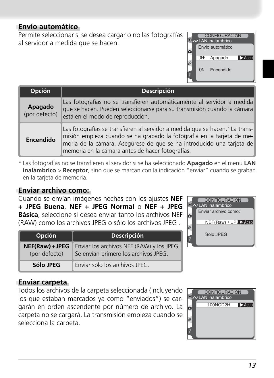 Envío automático, Enviar archivo como, Enviar carpeta | Nikon WT-1 User Manual | Page 110 / 137