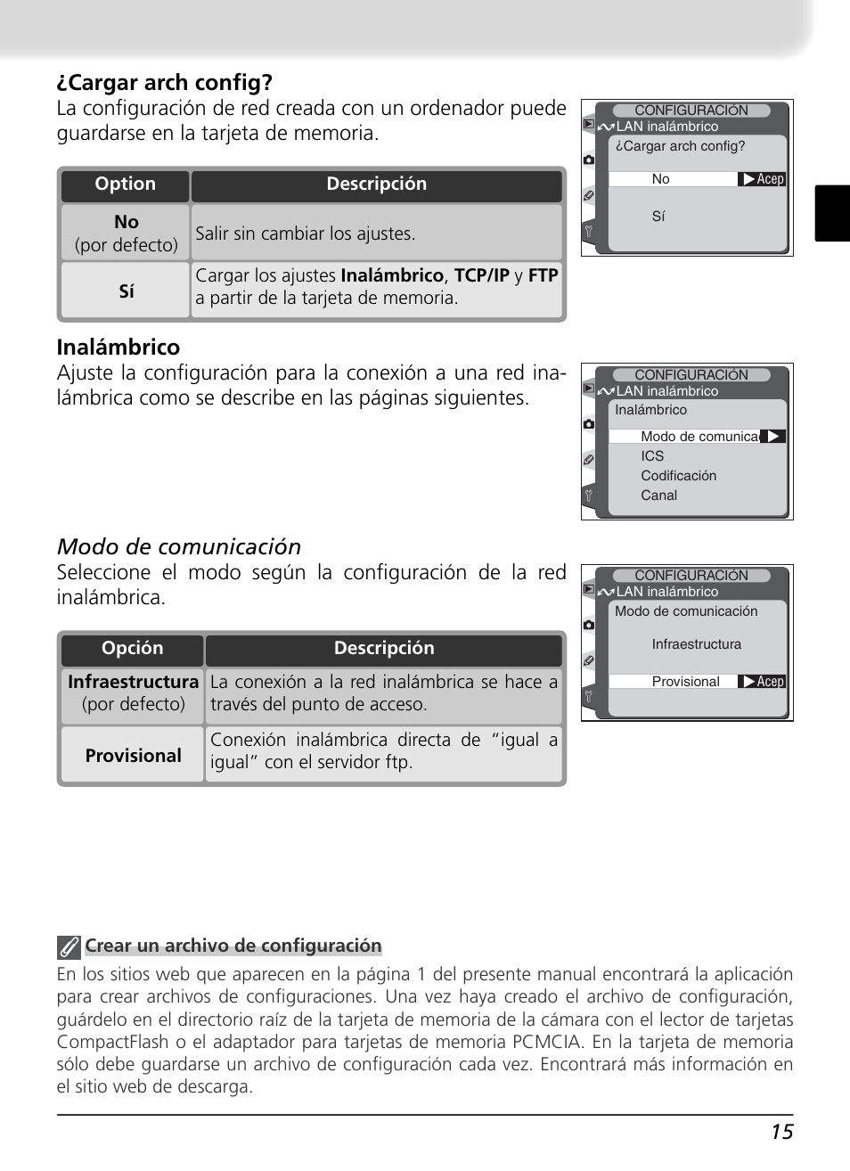 Modo de comunicación, Cargar arch confi g, Inalámbrico | Nikon WT-1 User Manual | Page 112 / 137