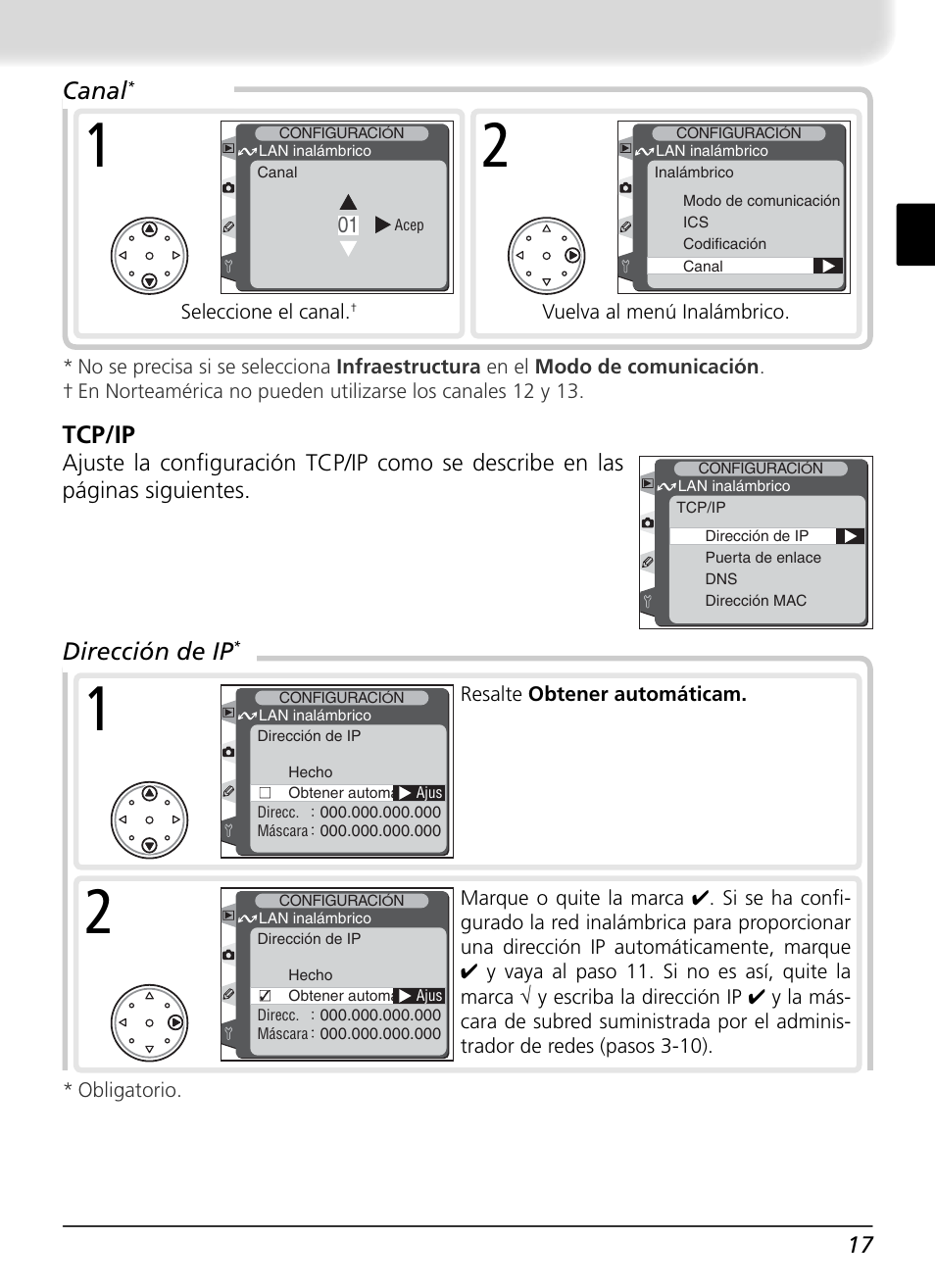 Tcp/ip, Canal, Dirección de ip | Nikon WT-1 User Manual | Page 114 / 137