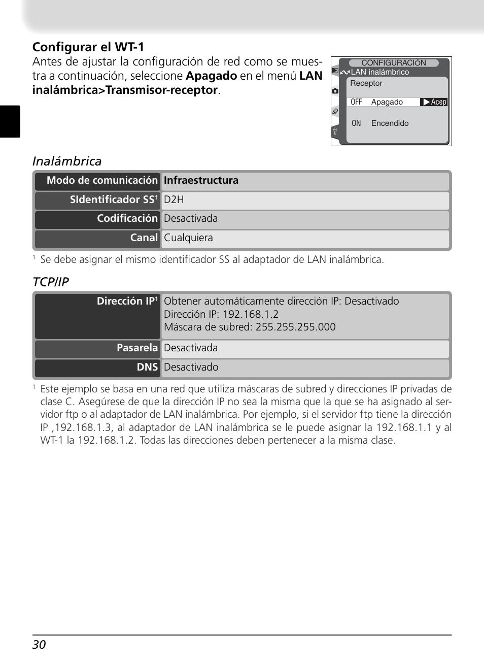 Confi gurar el wt-1, Inalámbrica, Tcp/ip | Nikon WT-1 User Manual | Page 127 / 137