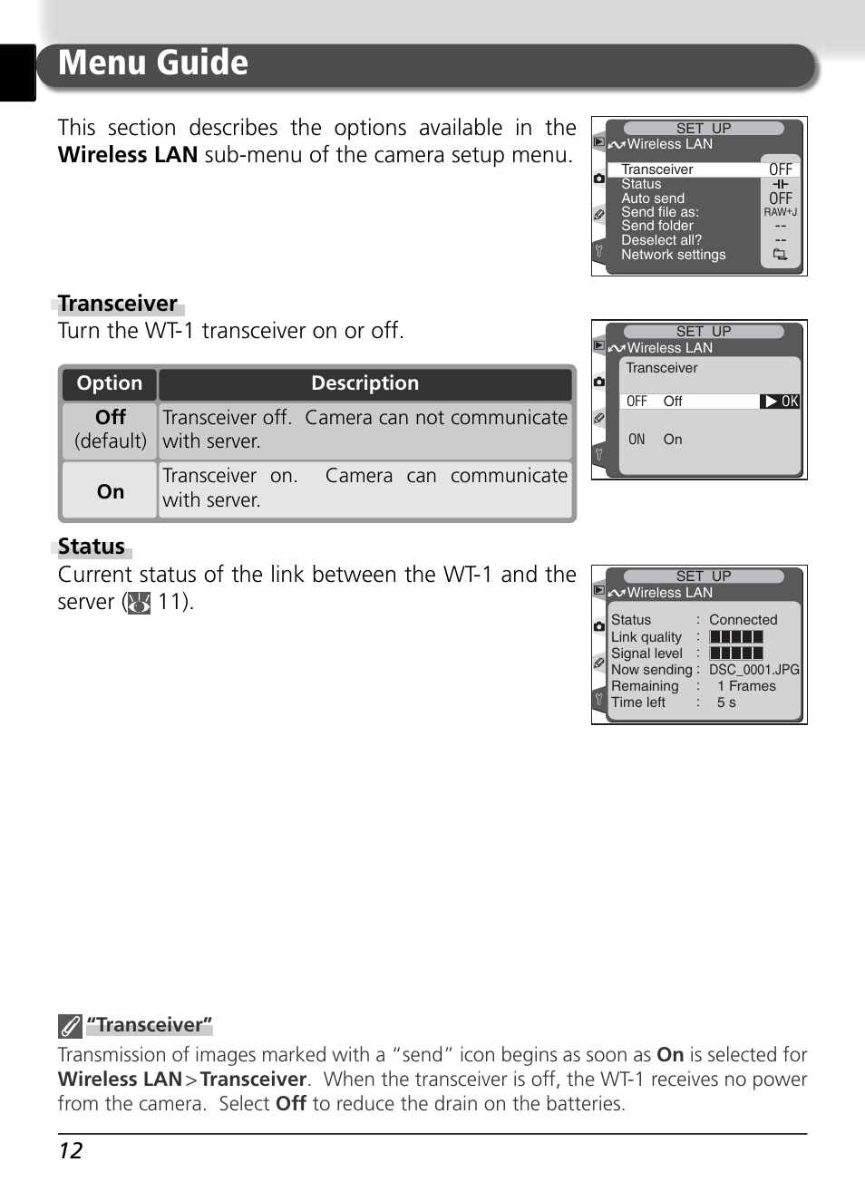 Menu guide, Transceiver turn the wt-1 transceiver on or off | Nikon WT-1 User Manual | Page 19 / 137