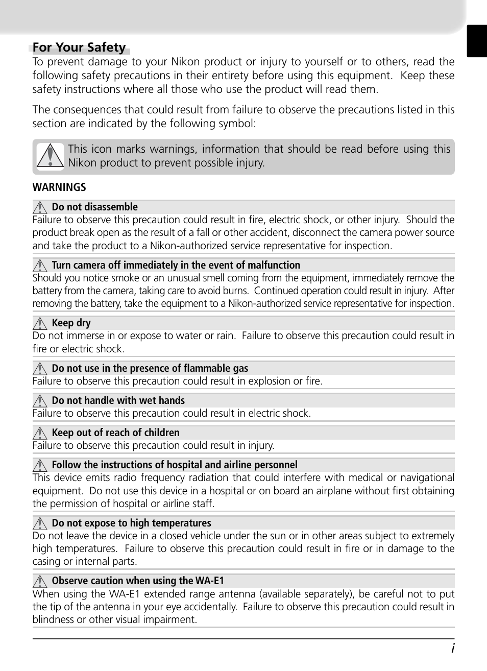 For your safety, Ifor your safety | Nikon WT-1 User Manual | Page 4 / 137