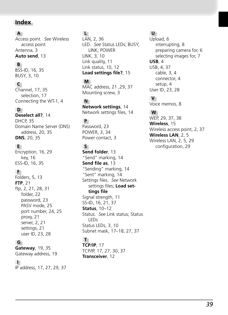 39 index | Nikon WT-1 User Manual | Page 46 / 137