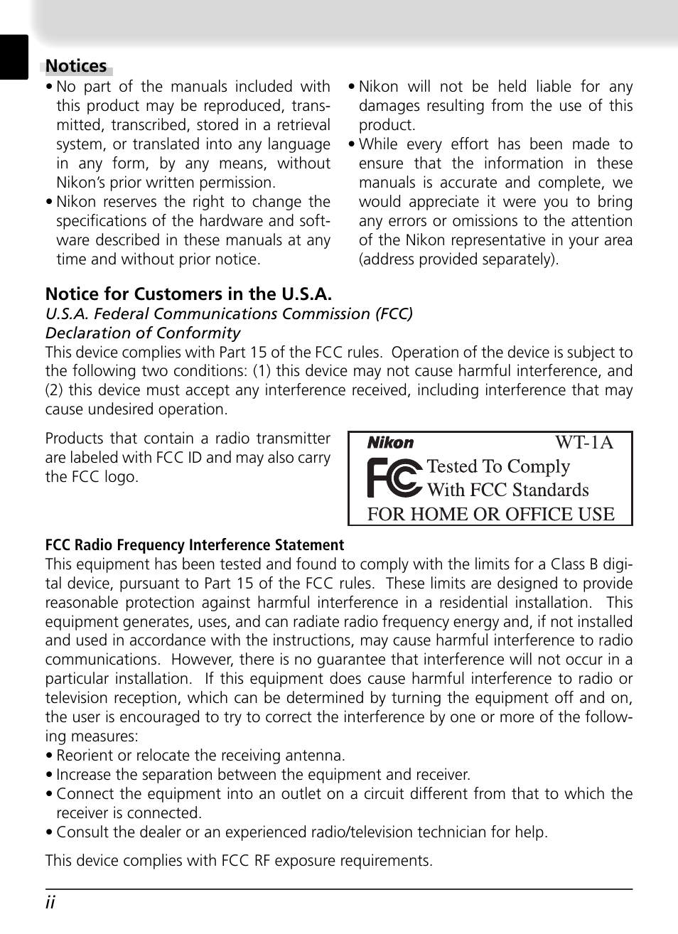 Notices, Wt-1a | Nikon WT-1 User Manual | Page 5 / 137