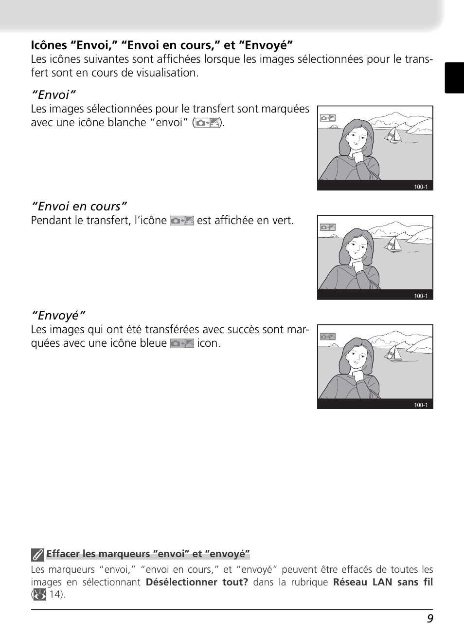 Icônes “envoi,” “envoi en cours,” et “envoyé, Envoi, Envoi en cours | Envoyé | Nikon WT-1 User Manual | Page 61 / 137