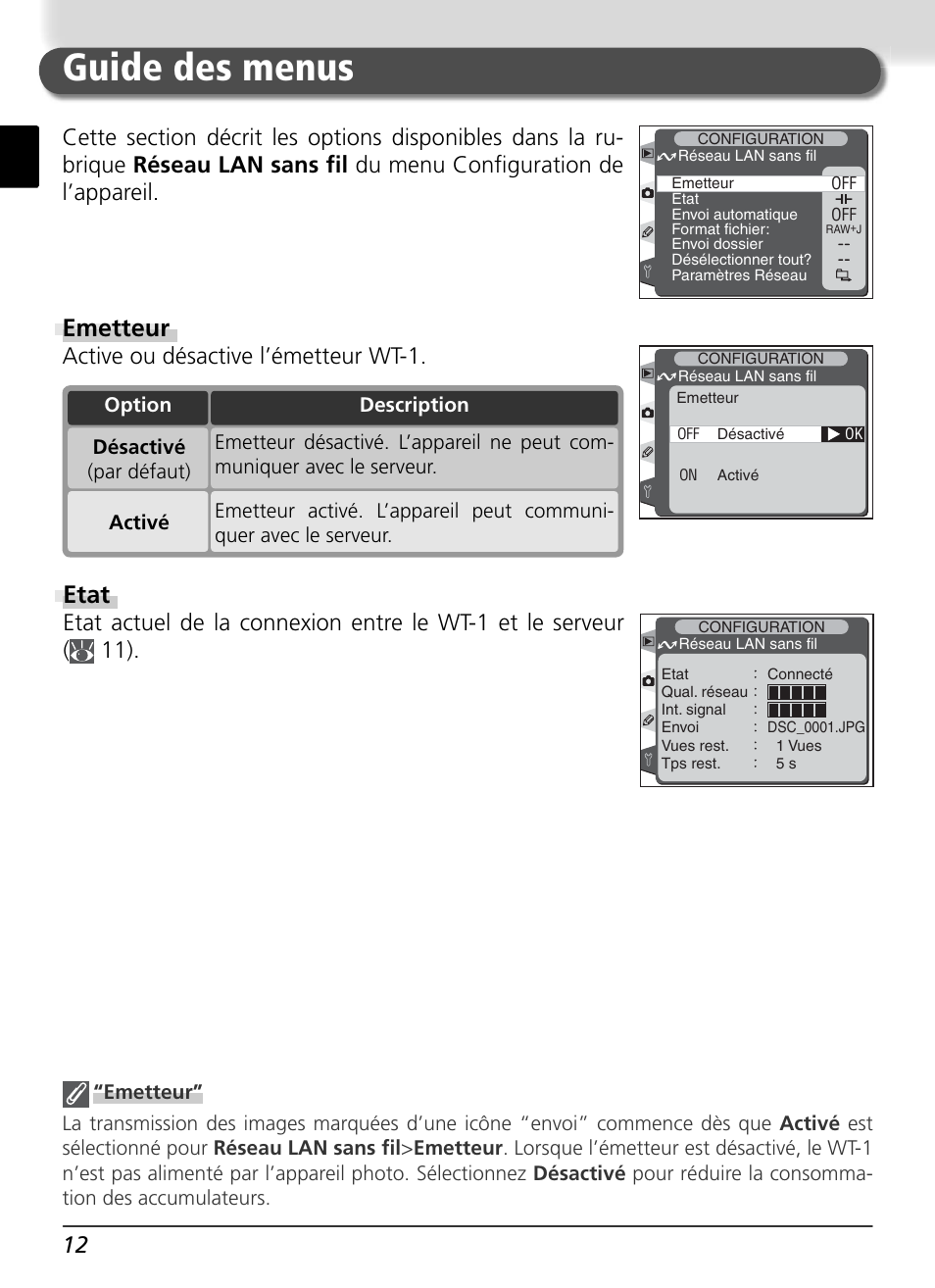 Guide des menus, Emetteur, Etat | Active ou désactive l’émetteur wt-1 | Nikon WT-1 User Manual | Page 64 / 137