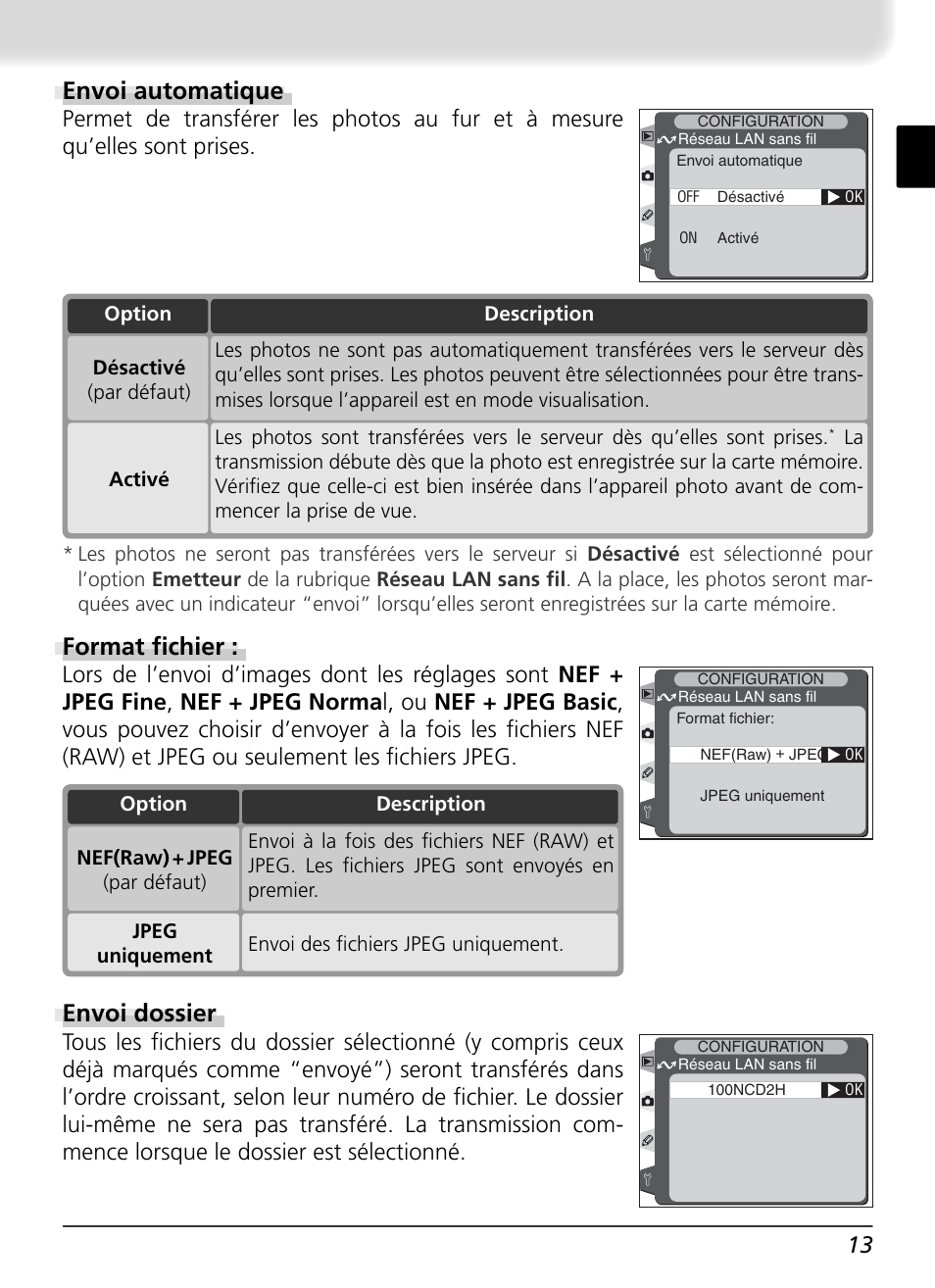 Envoi automatique, Format fi chier, Envoi dossier | Nikon WT-1 User Manual | Page 65 / 137