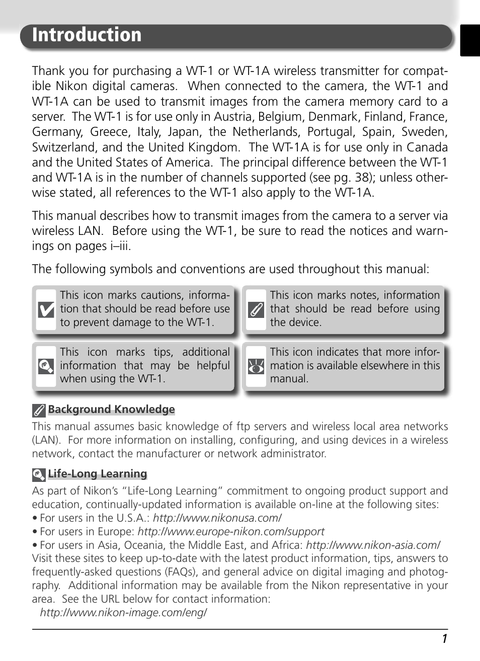 Introduction | Nikon WT-1 User Manual | Page 8 / 137