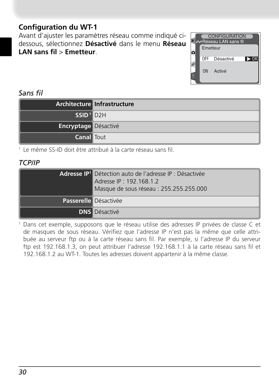 Confi guration du wt-1, Sans fi l, Tcp/ip | Nikon WT-1 User Manual | Page 82 / 137