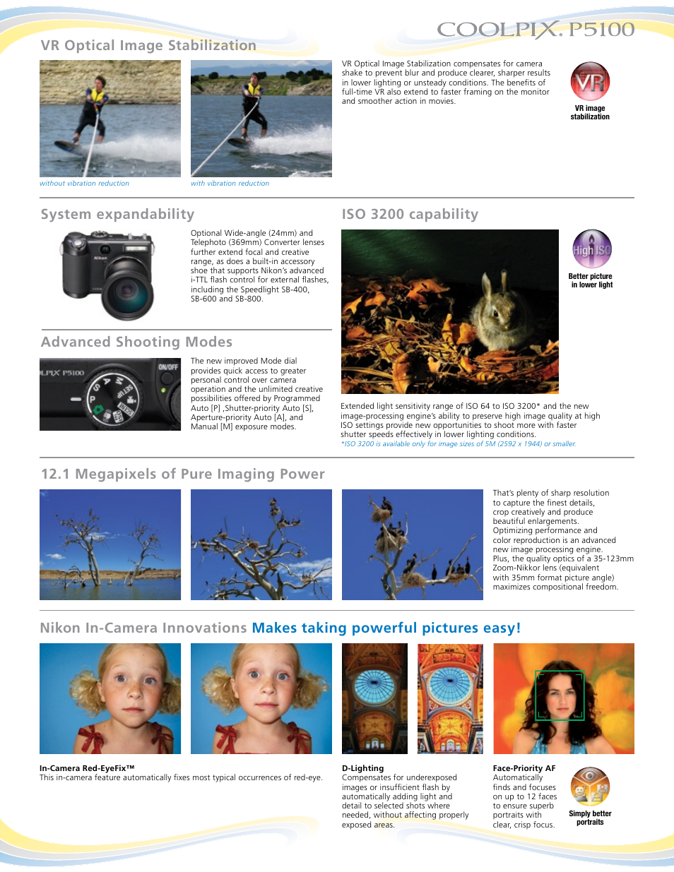 Vr optical image stabilization, 1 megapixels of pure imaging power | Nikon Coolpix P5100 User Manual | Page 3 / 4
