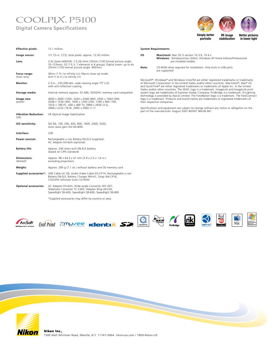 Digital camera specifications | Nikon Coolpix P5100 User Manual | Page 4 / 4