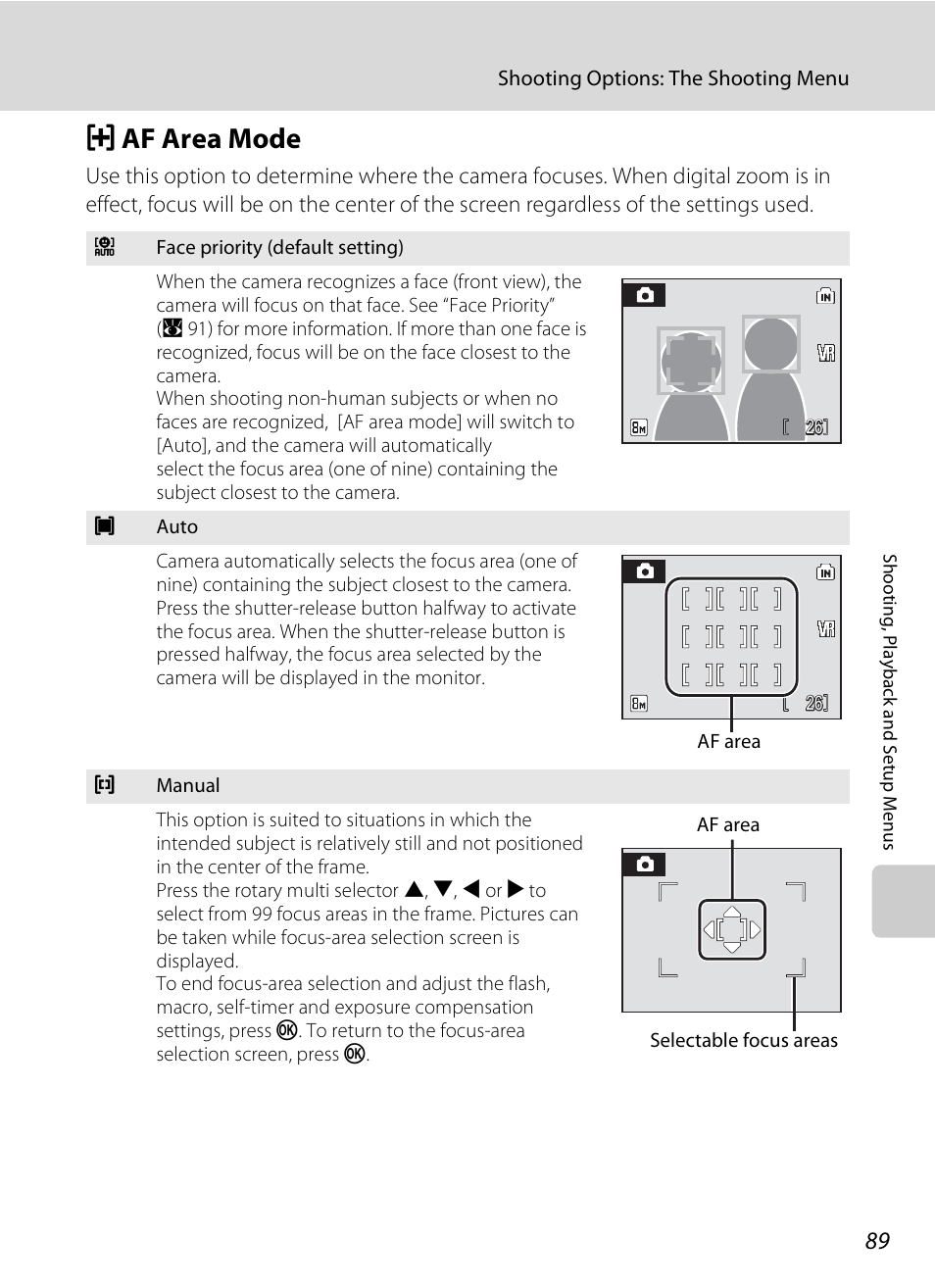 Af area mode, A 89), A 89 | G af area mode | Nikon Coolpix S510 User Manual | Page 101 / 148