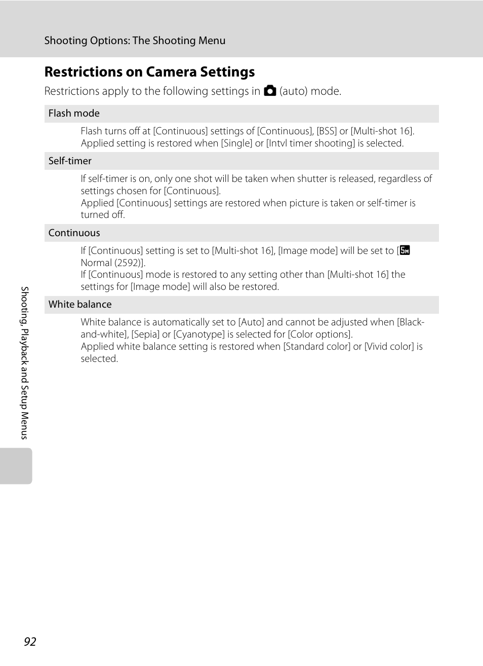 Restrictions on camera settings, A 92) | Nikon Coolpix S510 User Manual | Page 104 / 148