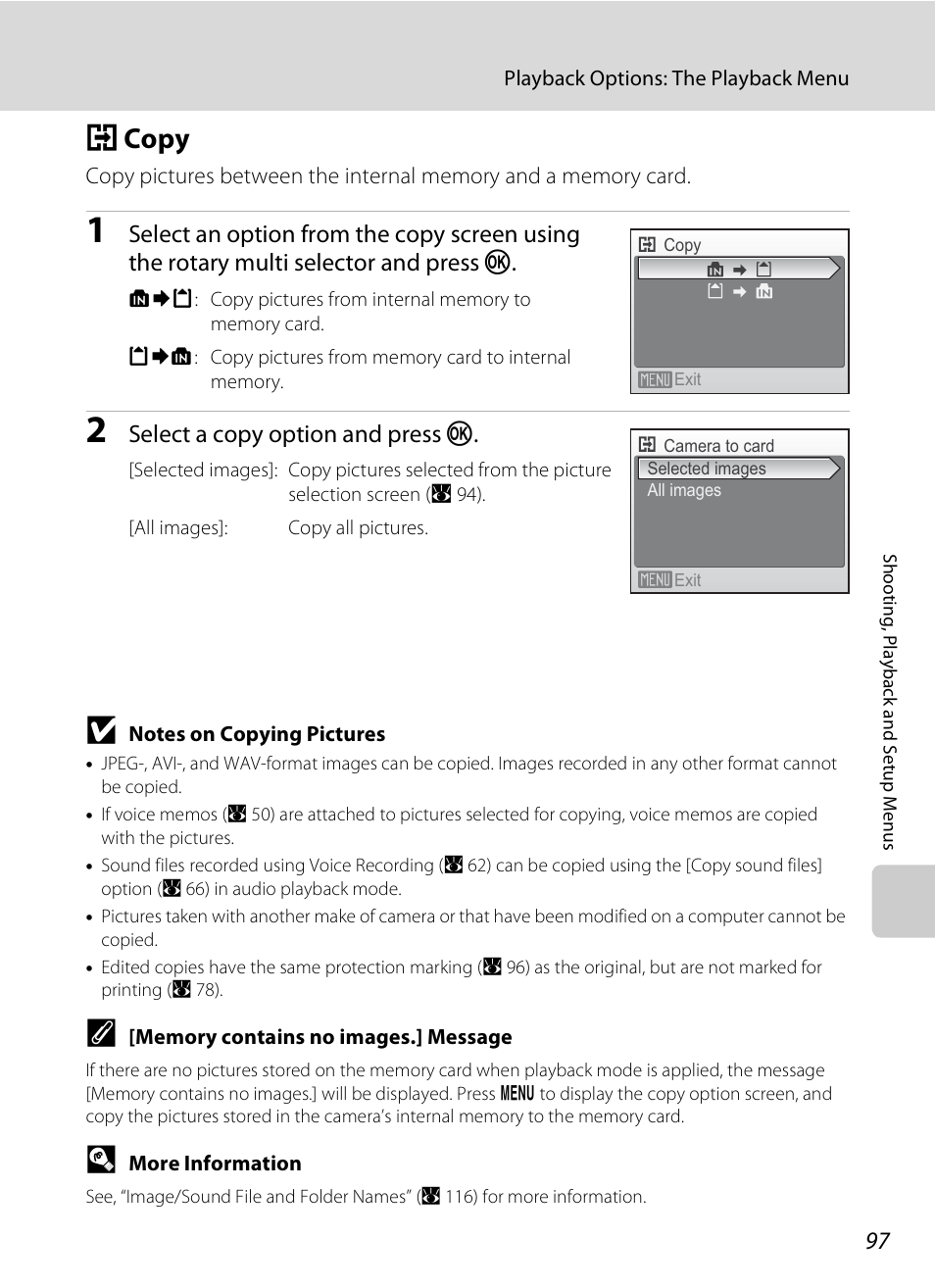 Copy, A 97, A 97) | H copy, Select a copy option and press k | Nikon Coolpix S510 User Manual | Page 109 / 148