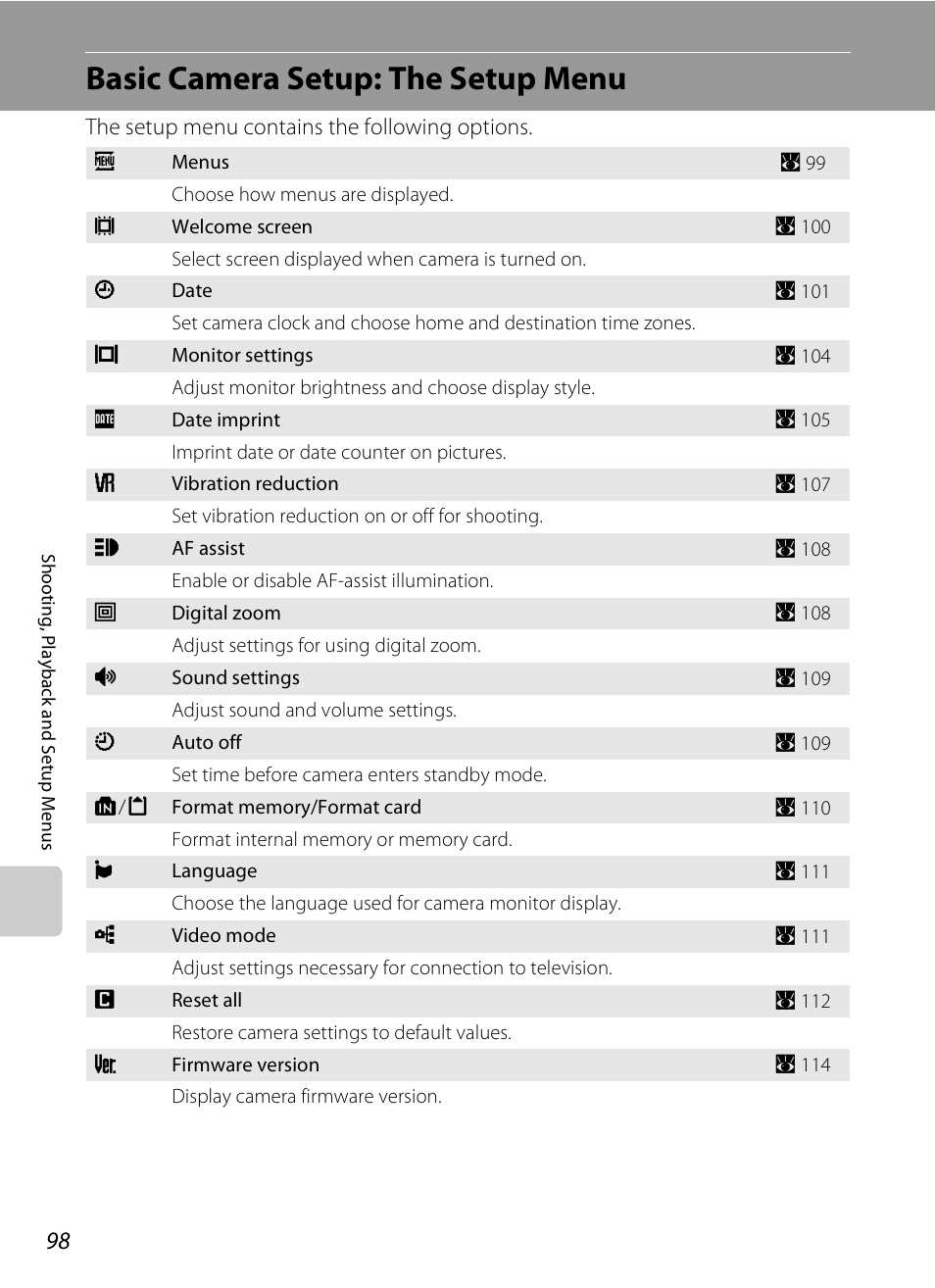 Basic camera setup: the setup menu, A 98) | Nikon Coolpix S510 User Manual | Page 110 / 148