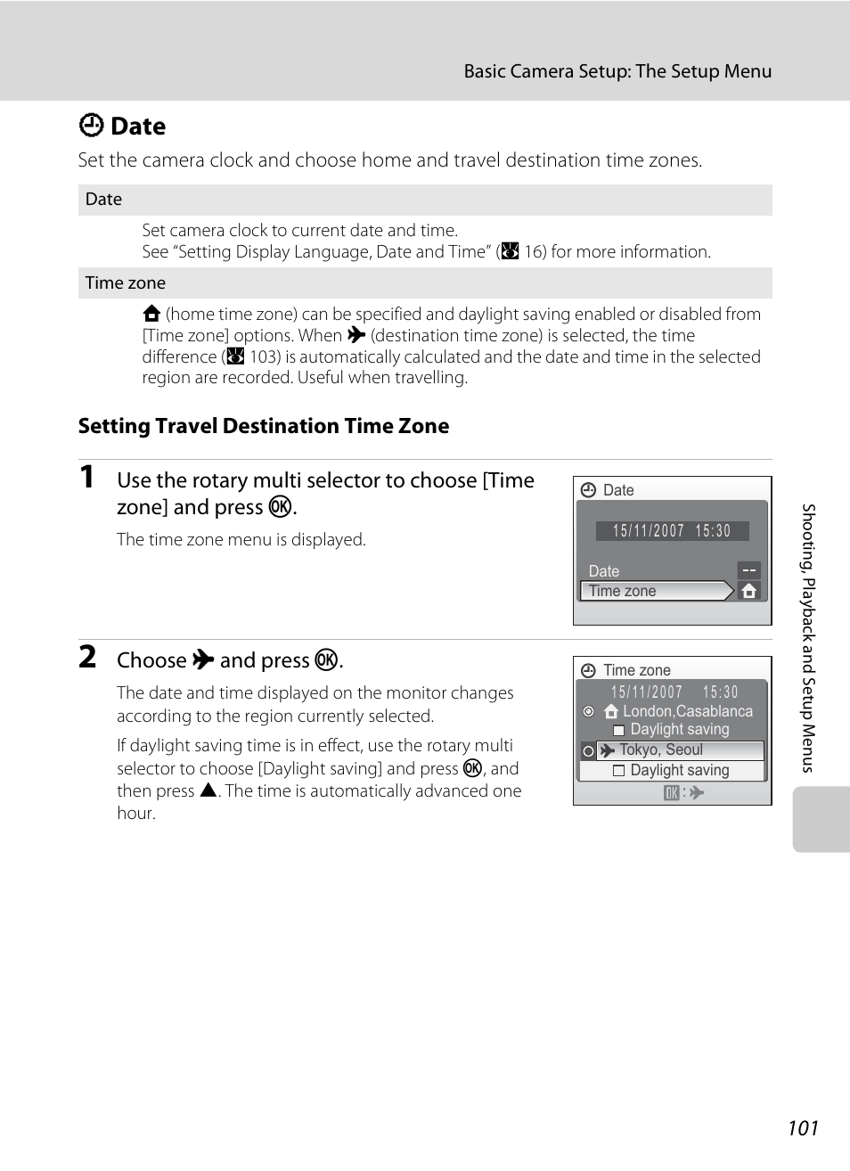 Date, A 101) in, A 101 | D date, Setting travel destination time zone, Choose x and press k | Nikon Coolpix S510 User Manual | Page 113 / 148