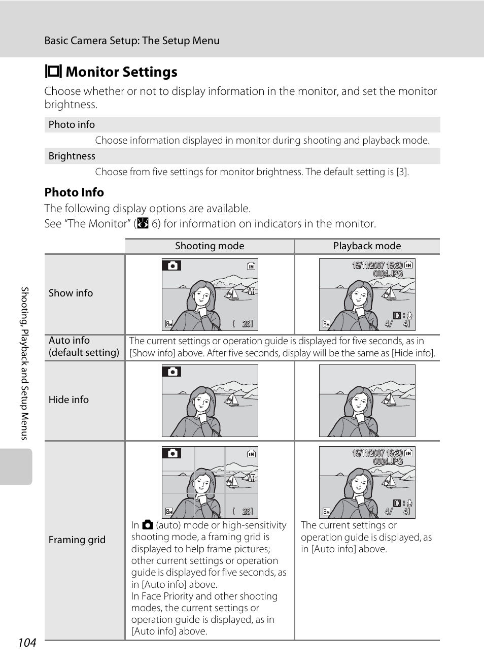 Monitor settings, A 104, E monitor settings | Photo info | Nikon Coolpix S510 User Manual | Page 116 / 148