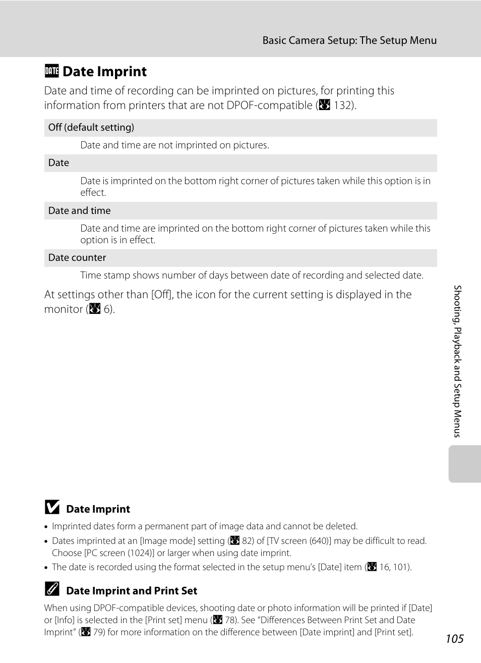 Date imprint, A 105, F date imprint | Nikon Coolpix S510 User Manual | Page 117 / 148
