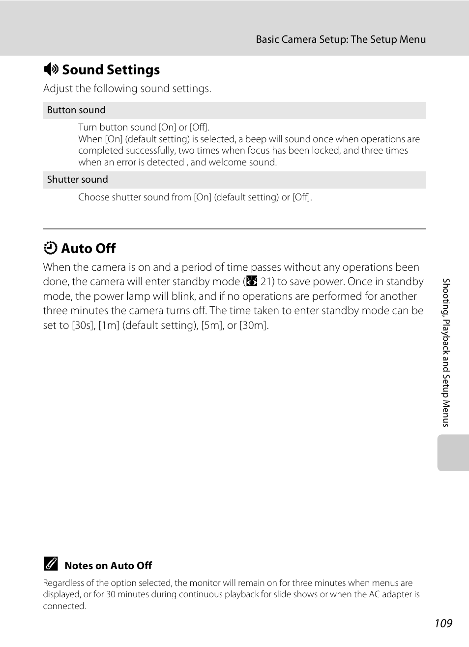 Sound settings, Auto off, A 109) | A 109, I sound settings, K auto off | Nikon Coolpix S510 User Manual | Page 121 / 148