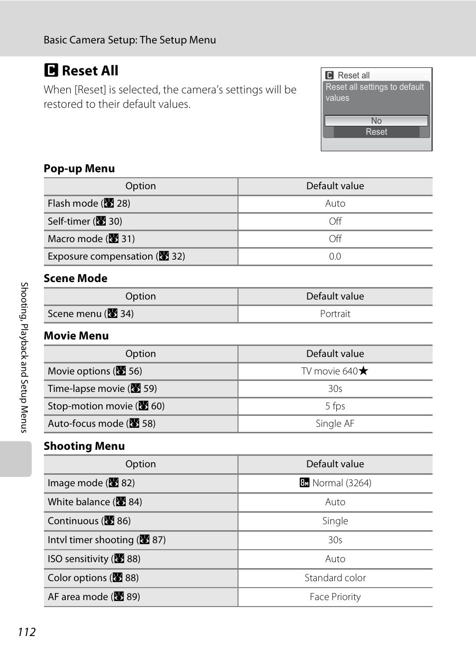 Reset all, A 112, P reset all | Nikon Coolpix S510 User Manual | Page 124 / 148