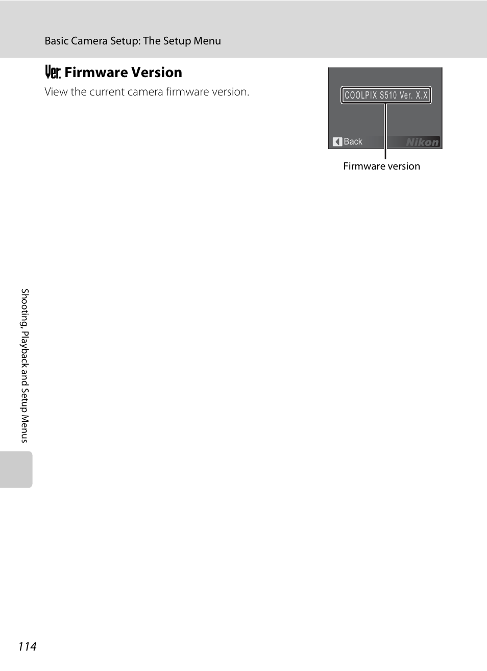 Firmware version, R fir, A 114 | R firmware version | Nikon Coolpix S510 User Manual | Page 126 / 148