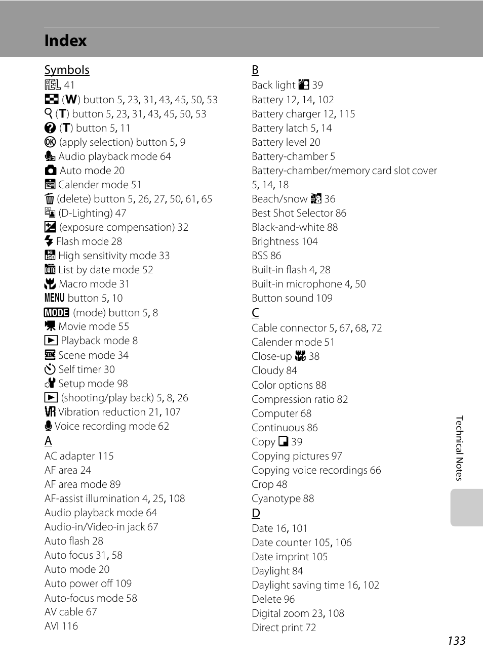Index | Nikon Coolpix S510 User Manual | Page 145 / 148