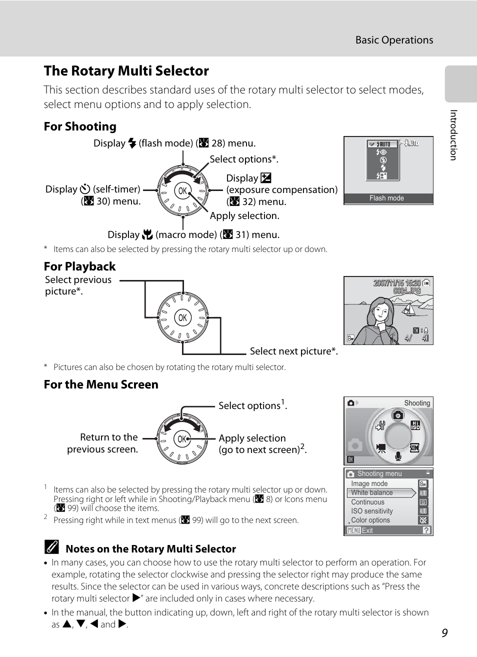 The rotary multi selector, A 9), For shooting | For playback, For the menu screen | Nikon Coolpix S510 User Manual | Page 21 / 148