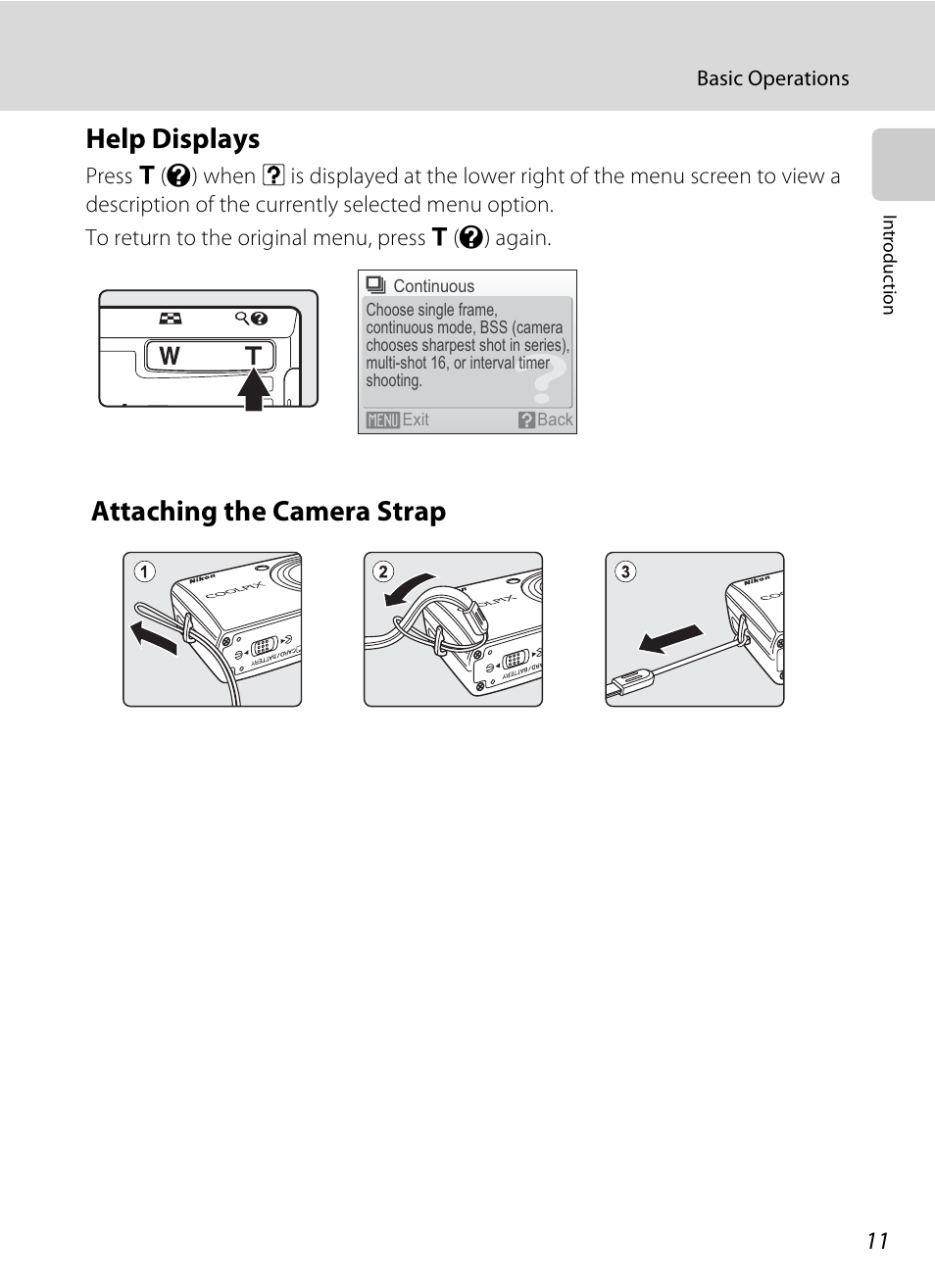 Help displays, Attaching the camera strap, Help displays attaching the camera strap | Nikon Coolpix S510 User Manual | Page 23 / 148