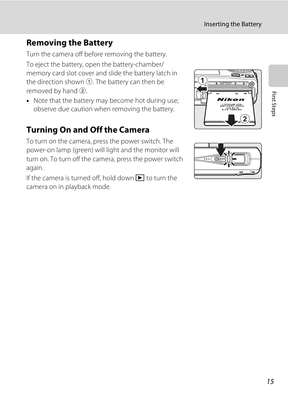 Removing the battery, Turning on and off the camera, Removing the battery turning on and off the camera | Nikon Coolpix S510 User Manual | Page 27 / 148