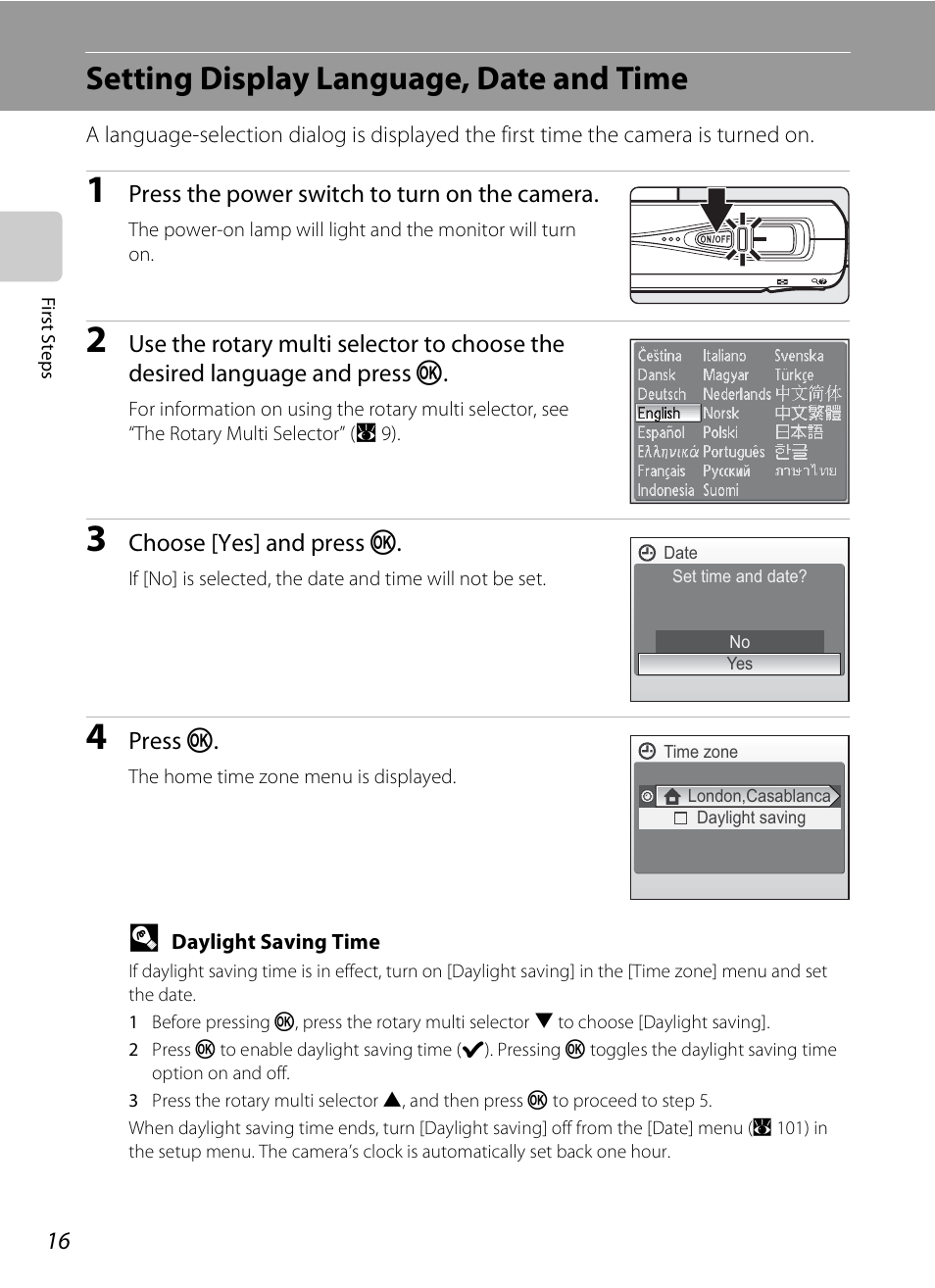 Setting display language, date and time | Nikon Coolpix S510 User Manual | Page 28 / 148