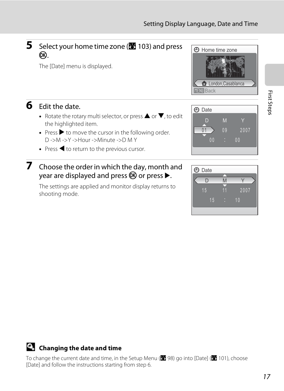 Select your home time zone ( a 103) and press k, Edit the date | Nikon Coolpix S510 User Manual | Page 29 / 148