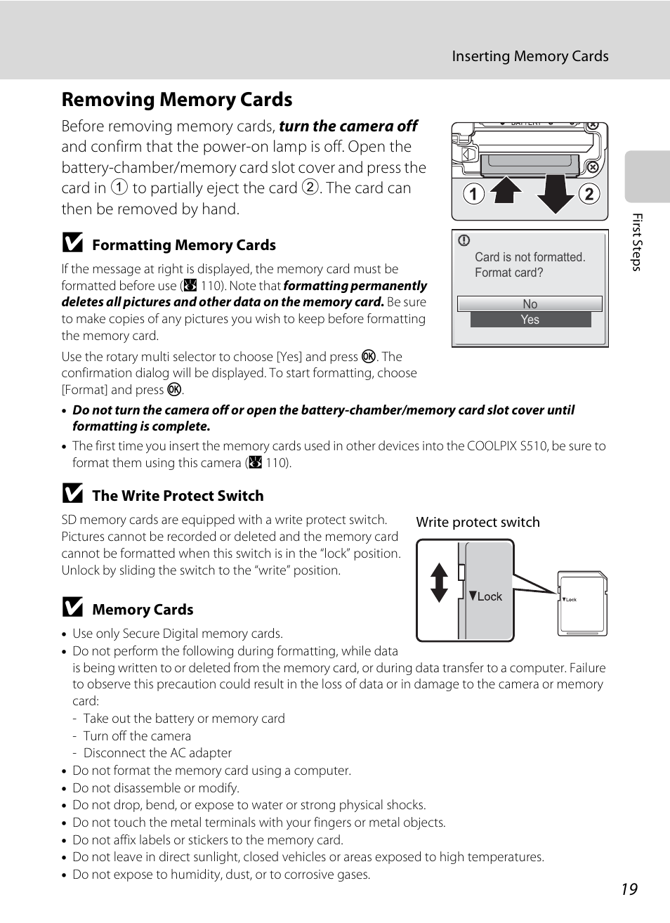 Removing memory cards | Nikon Coolpix S510 User Manual | Page 31 / 148