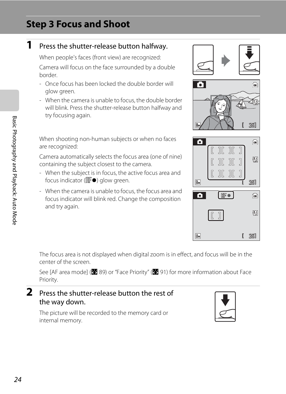 Step 3 focus and shoot, Press the shutter-release button halfway | Nikon Coolpix S510 User Manual | Page 36 / 148