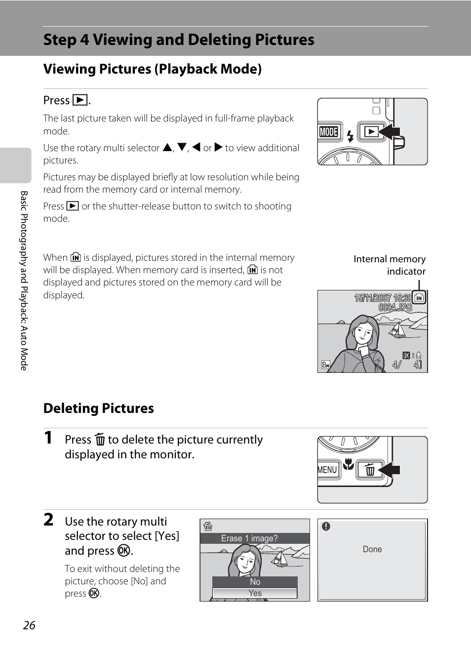 Step 4 viewing and deleting pictures, Viewing pictures (playback mode), Deleting pictures | Viewing pictures (playback mode) deleting pictures, A 26), A 26 | Nikon Coolpix S510 User Manual | Page 38 / 148