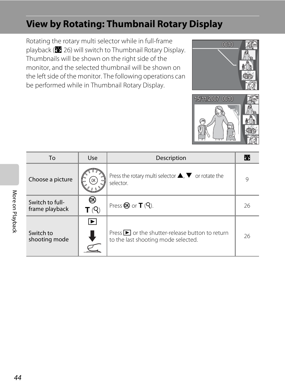 View by rotating: thumbnail rotary display | Nikon Coolpix S510 User Manual | Page 56 / 148