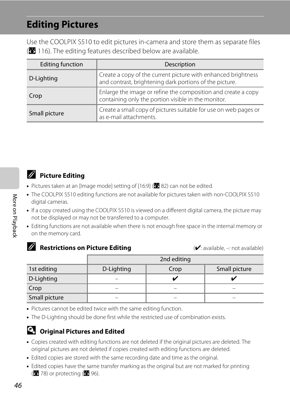 Editing pictures | Nikon Coolpix S510 User Manual | Page 58 / 148