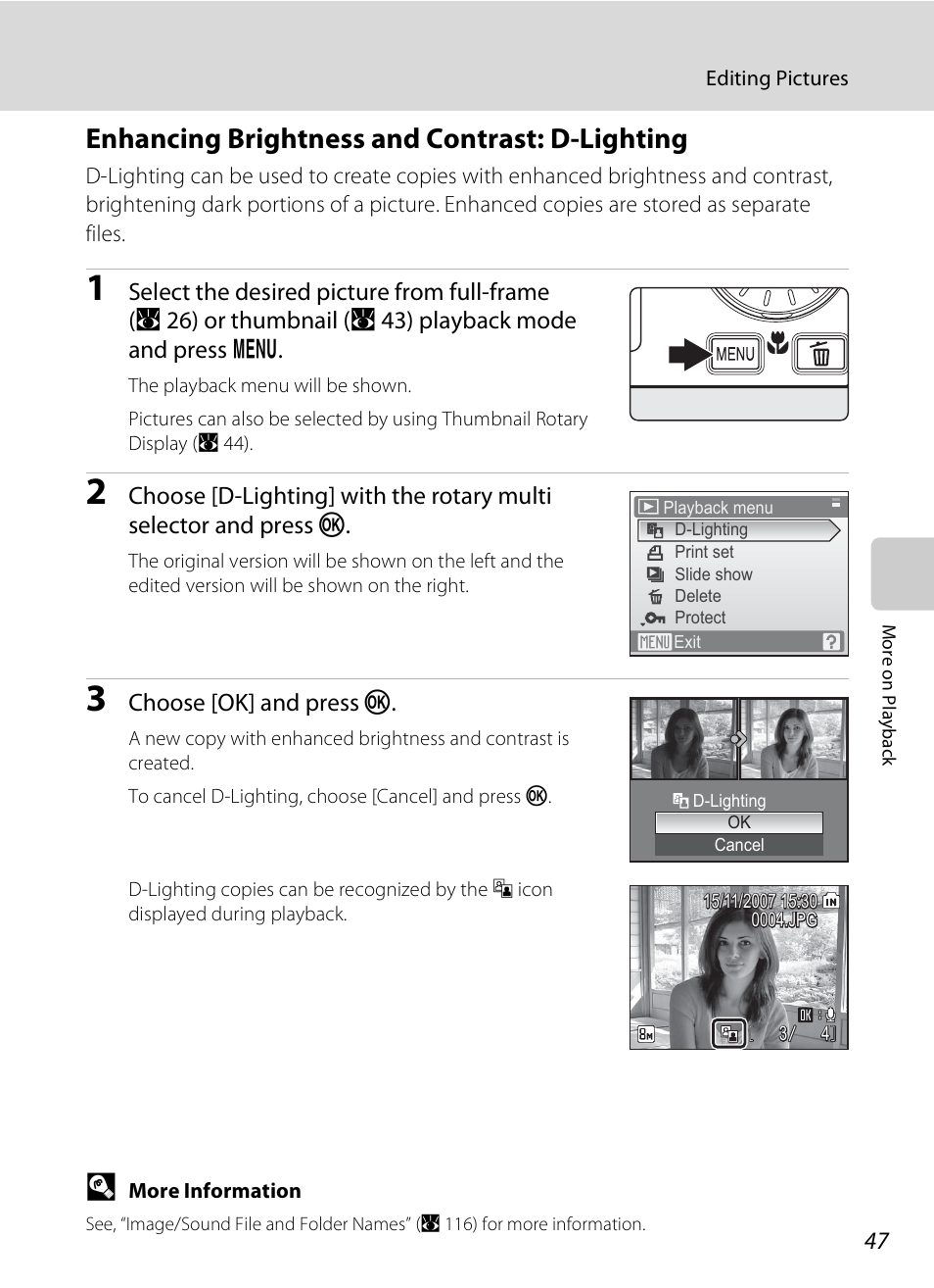 Enhancing brightness and contrast: d-lighting | Nikon Coolpix S510 User Manual | Page 59 / 148
