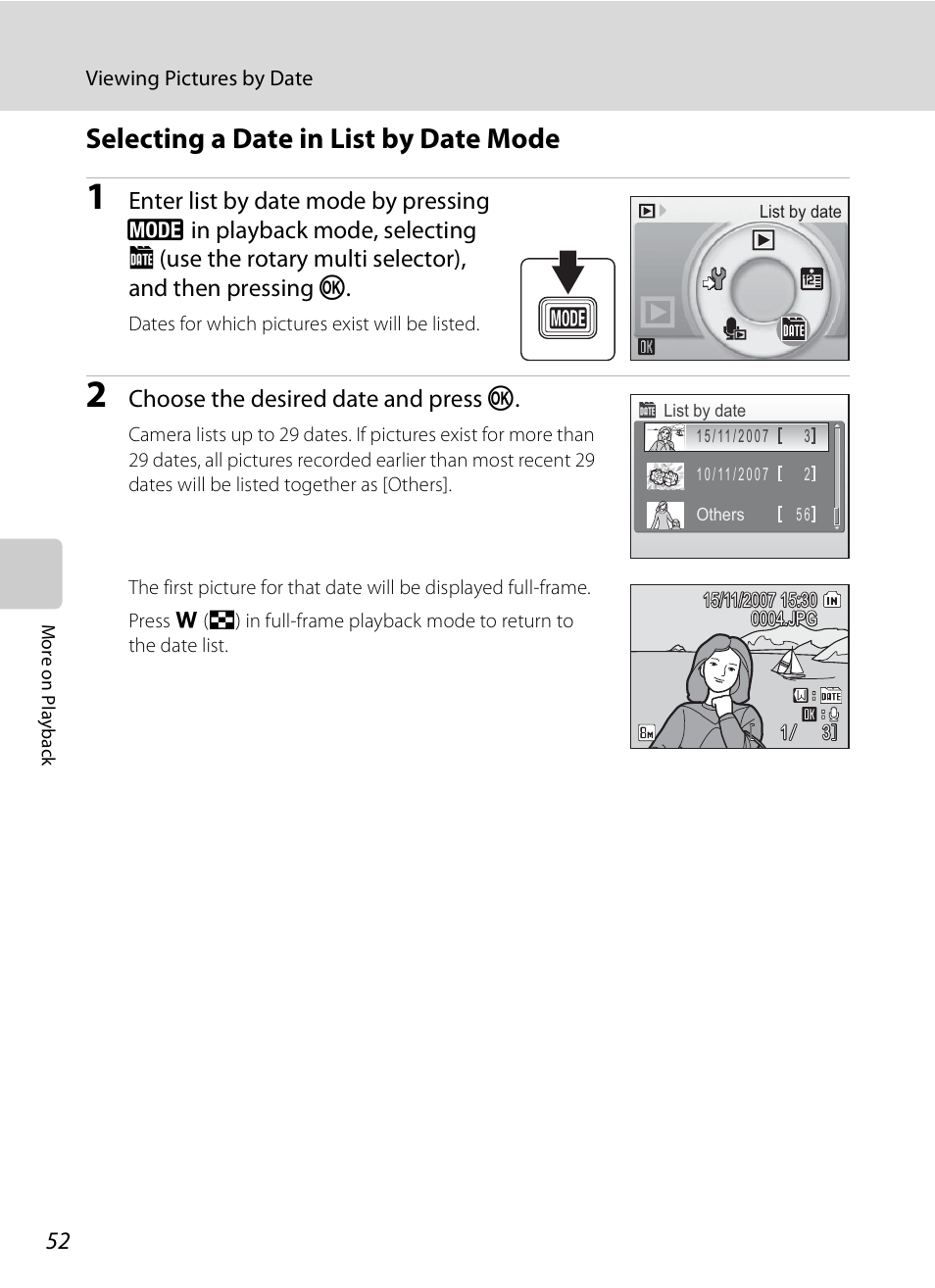 Selecting a date in list by date mode, A 52), Choose the desired date and press k | Nikon Coolpix S510 User Manual | Page 64 / 148