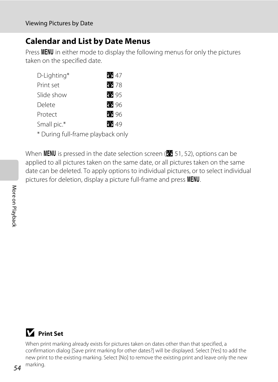 Calendar and list by date menus | Nikon Coolpix S510 User Manual | Page 66 / 148