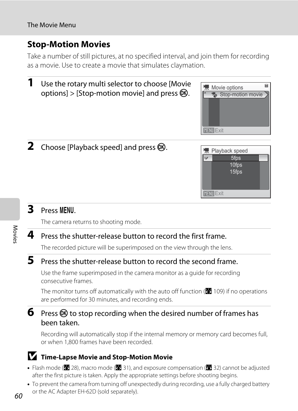 Stop-motion movies, Otion, A 60) | Nikon Coolpix S510 User Manual | Page 72 / 148