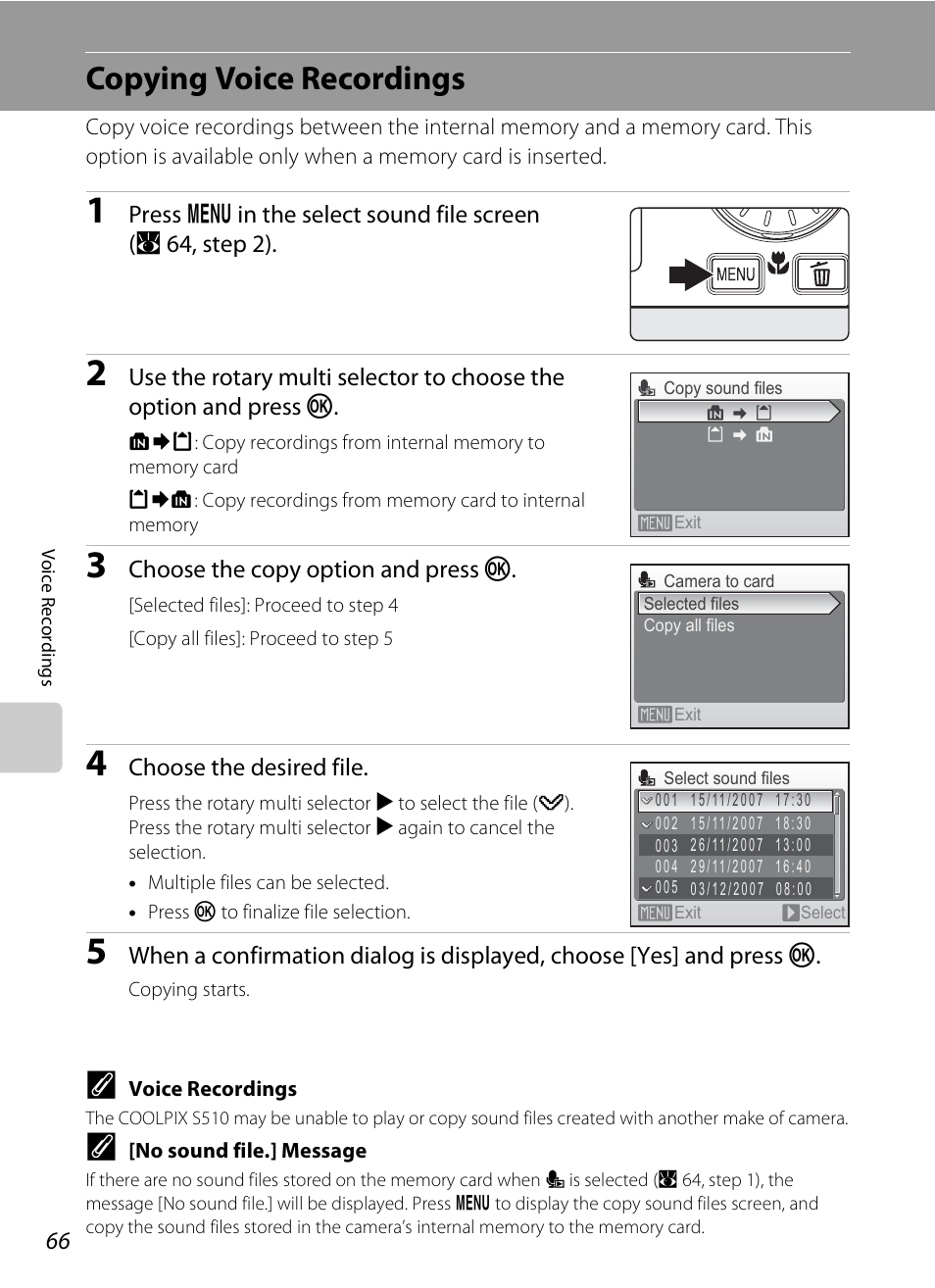 Copying voice recordings | Nikon Coolpix S510 User Manual | Page 78 / 148
