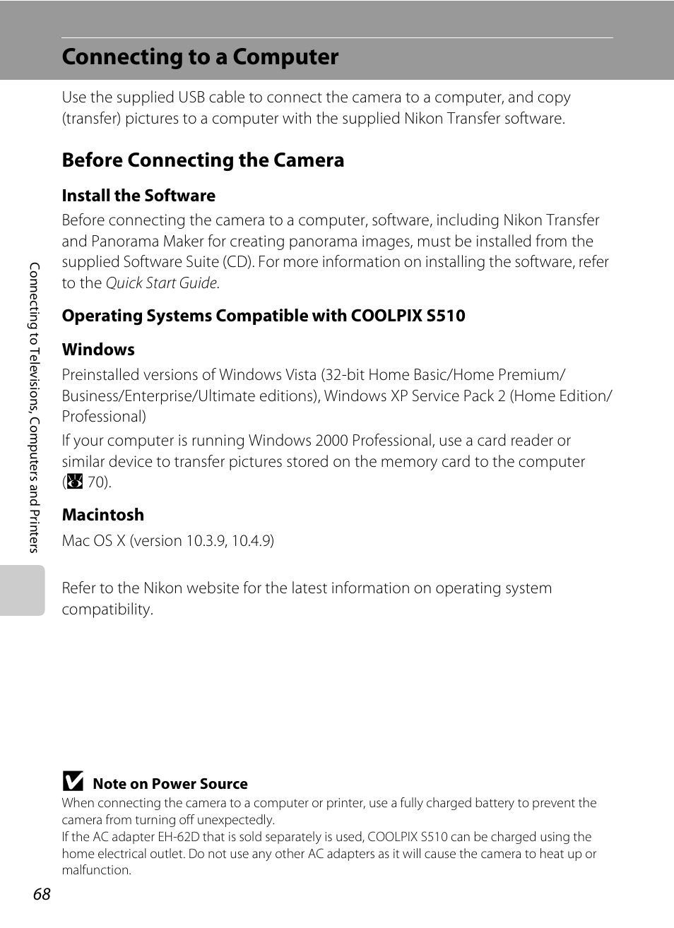 Connecting to a computer, Before connecting the camera, A 68 | Nikon Coolpix S510 User Manual | Page 80 / 148