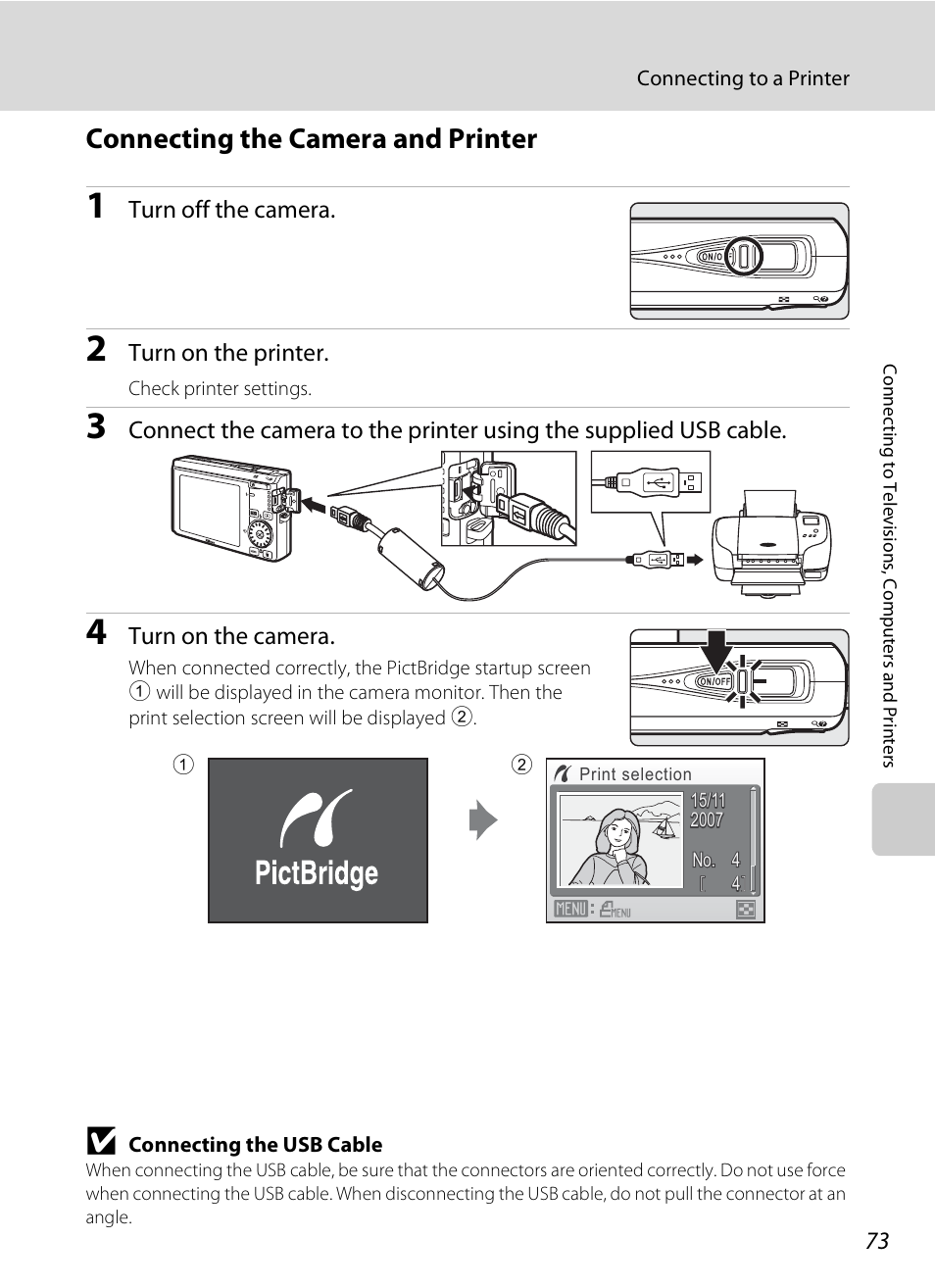 Connecting the camera and printer, A 73) | Nikon Coolpix S510 User Manual | Page 85 / 148