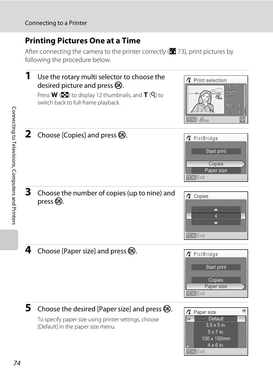 Printing pictures one at a time, A 74) | Nikon Coolpix S510 User Manual | Page 86 / 148
