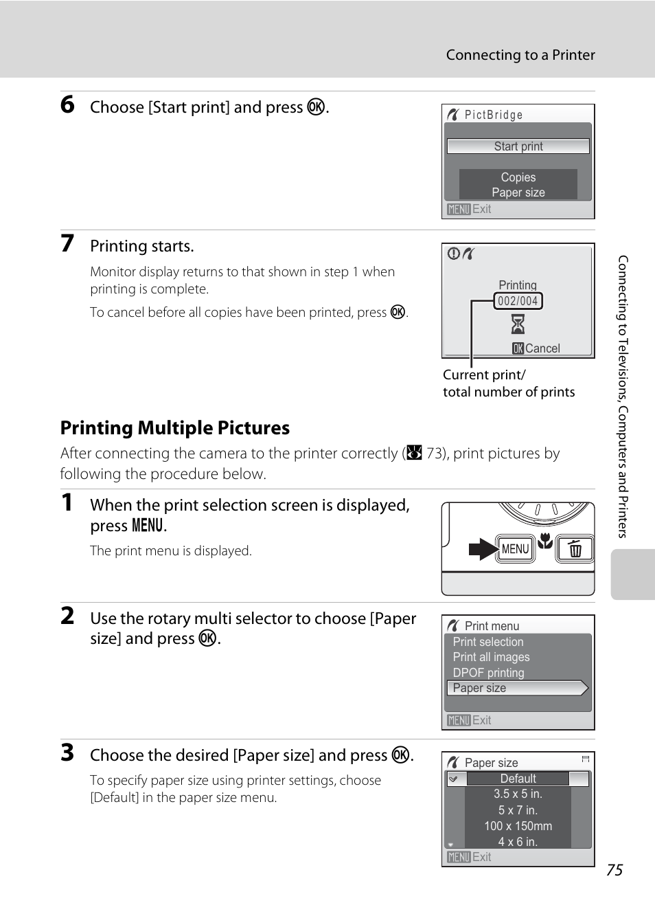 Printing multiple pictures, A 75) | Nikon Coolpix S510 User Manual | Page 87 / 148