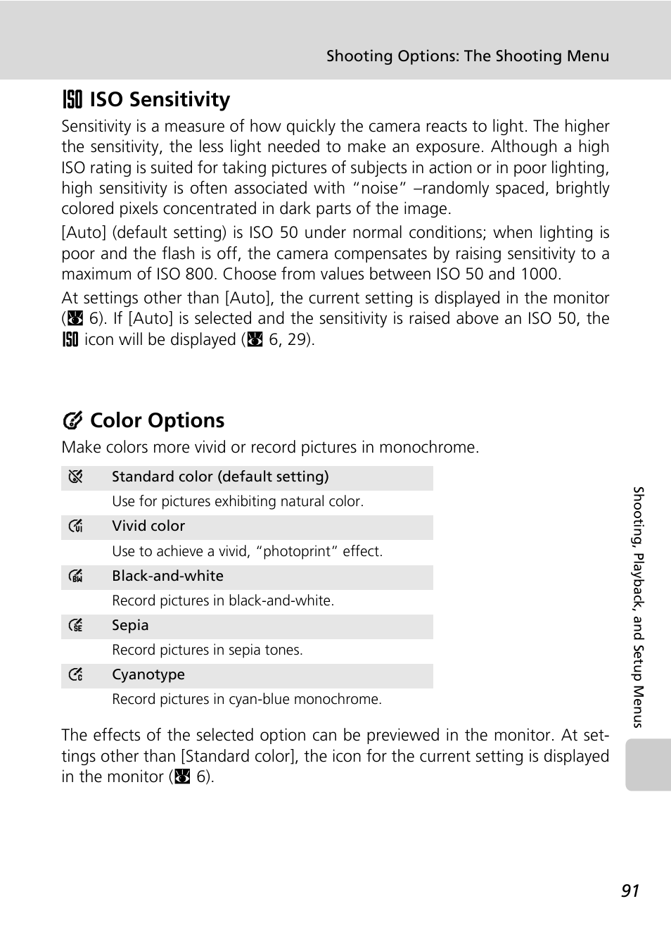 Iso sensitivity, Color options, Wiso sensitivity | Dcolor options | Nikon Coolpix S200 User Manual | Page 105 / 152