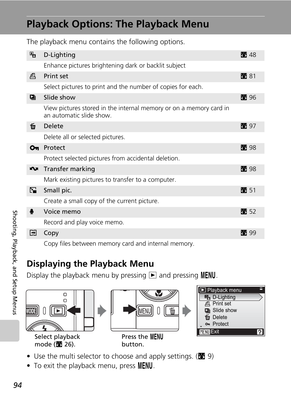 Playback options: the playback menu, Displaying the playback menu | Nikon Coolpix S200 User Manual | Page 108 / 152