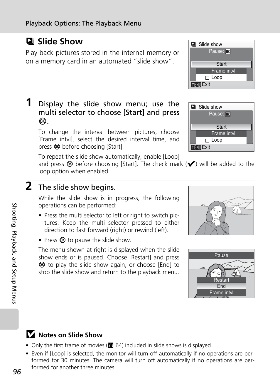 Slide show, Zslide show, The slide show begins | Nikon Coolpix S200 User Manual | Page 110 / 152