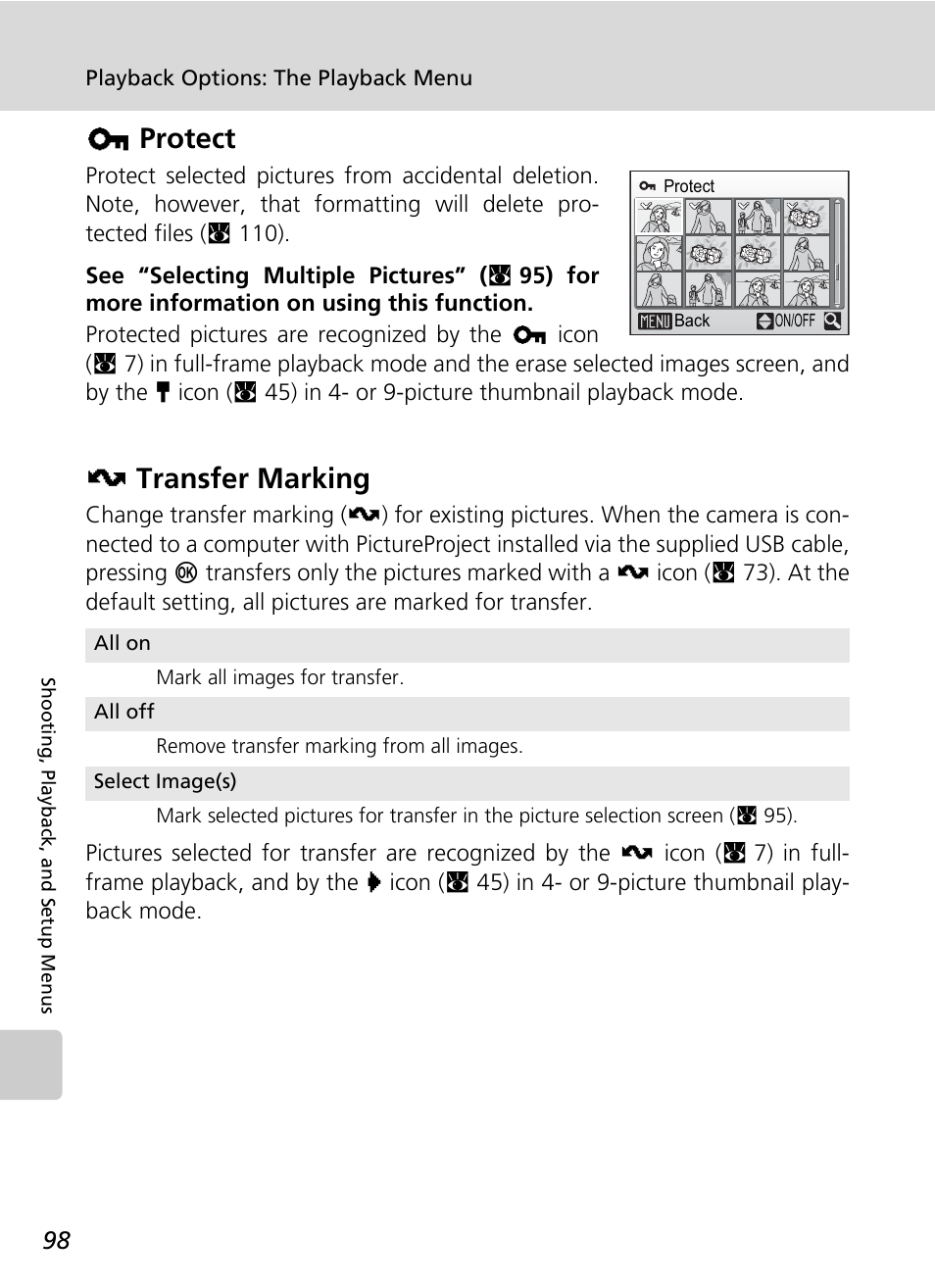 Protect, Transfer marking, Dprotect | Etransfer marking | Nikon Coolpix S200 User Manual | Page 112 / 152